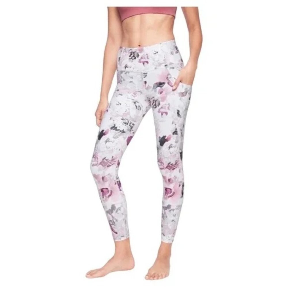 Athleta Elation Peony 7/8 Tight Legging Floral Pink White Stash Pockets Small